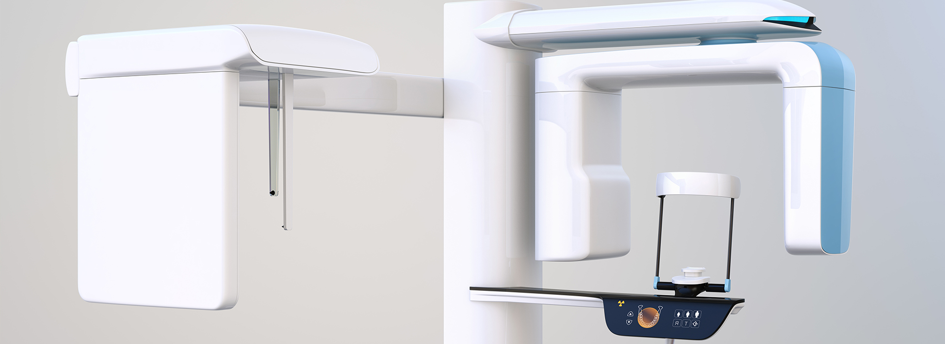 The image shows a medical setting with a large, white dental chair and a modern-looking dental imaging device.